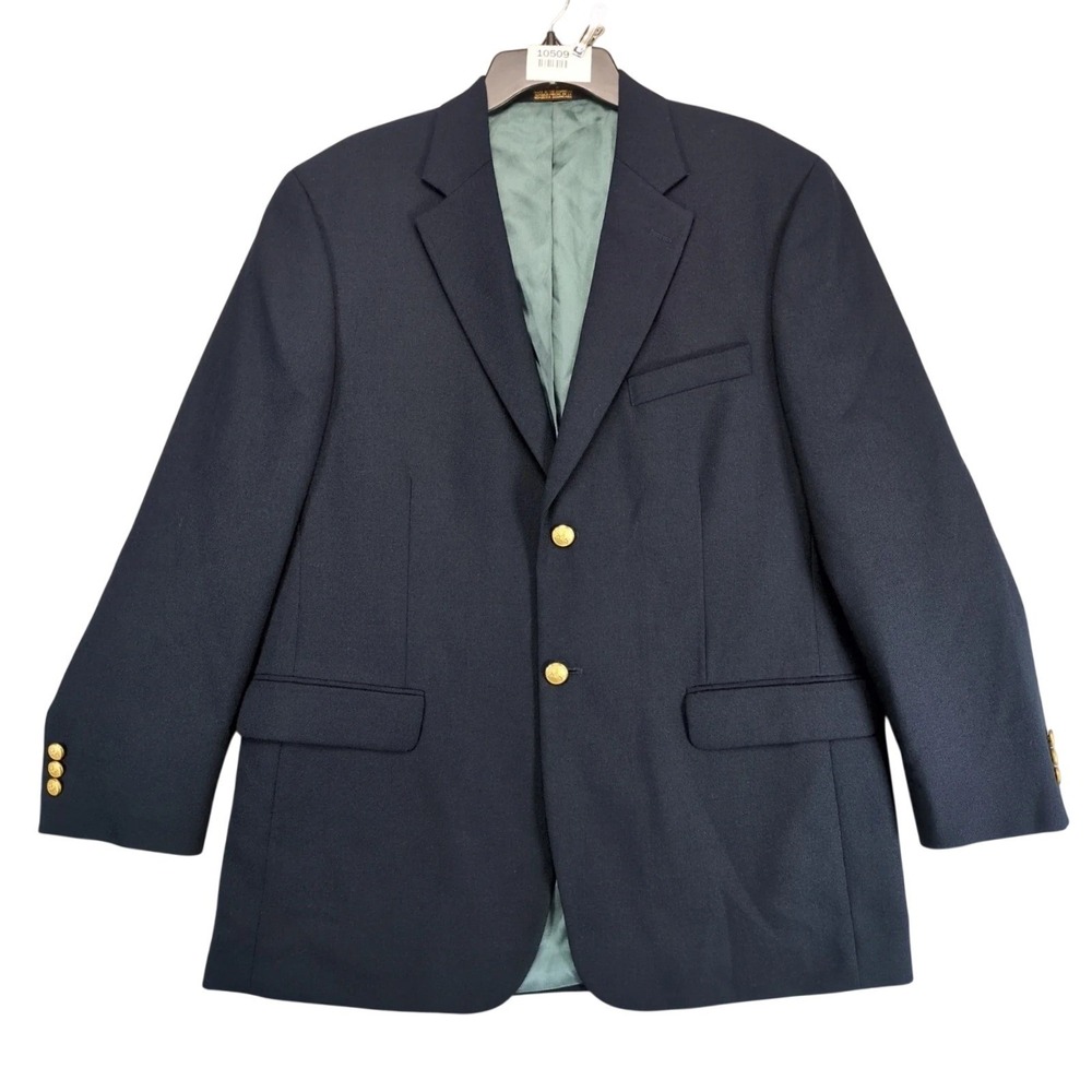 Stafford Navy Textured Sport Coat Mens 42R‎ Gold Crest Buttons Wool Blend Preppy